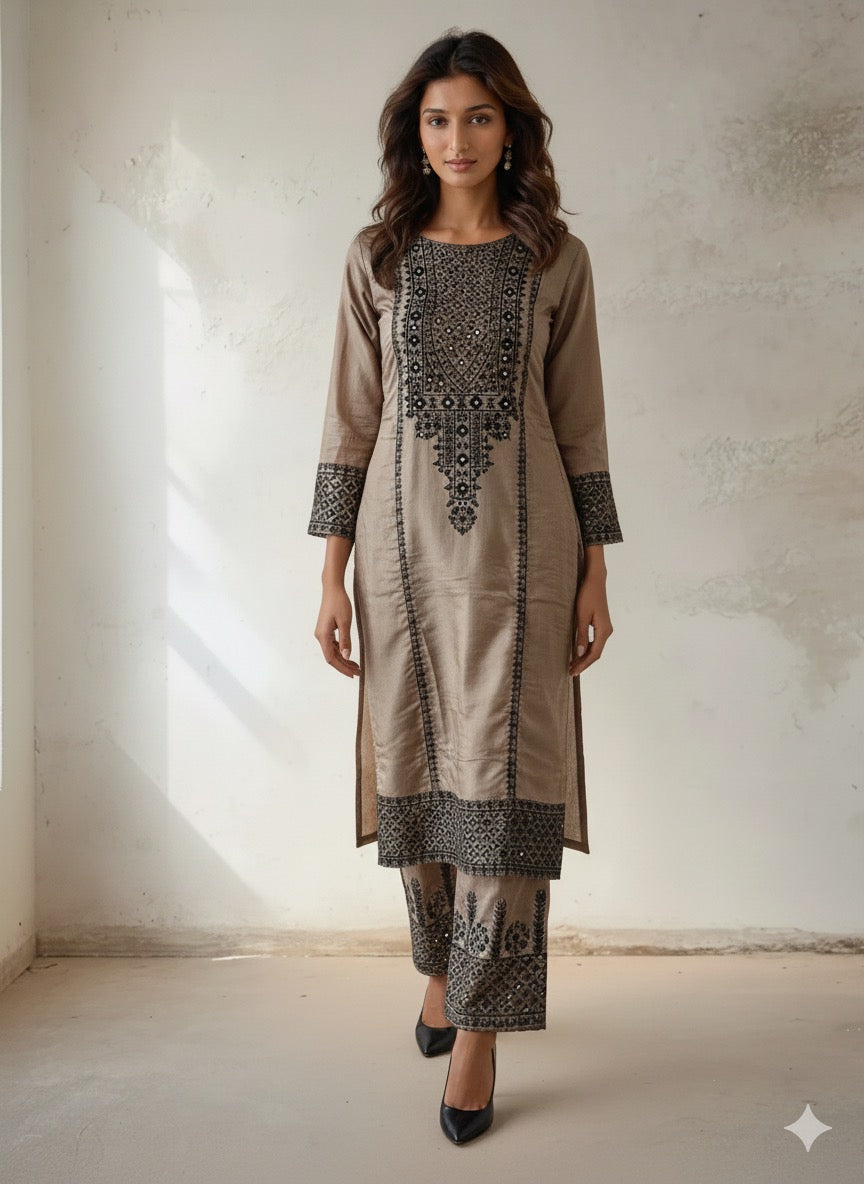 Three Piece Suit, Embroidered With Glass Like Shimmers,