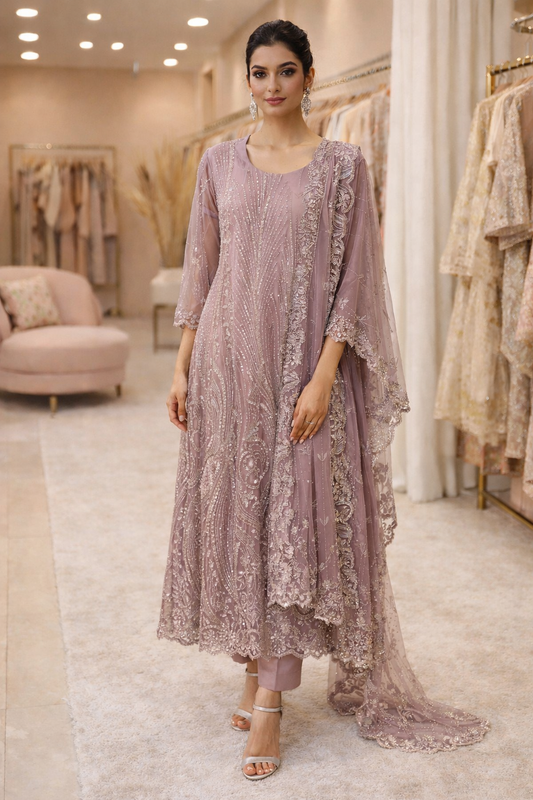 3 Piece Net Silk | LM Ameela - Aurora Pink