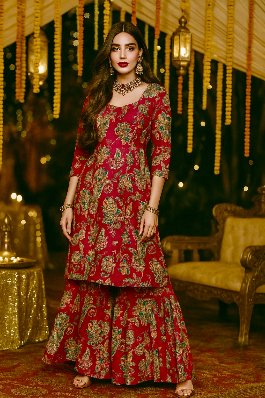 3 Piece Embroidered Satin Silk | LM Malika Red