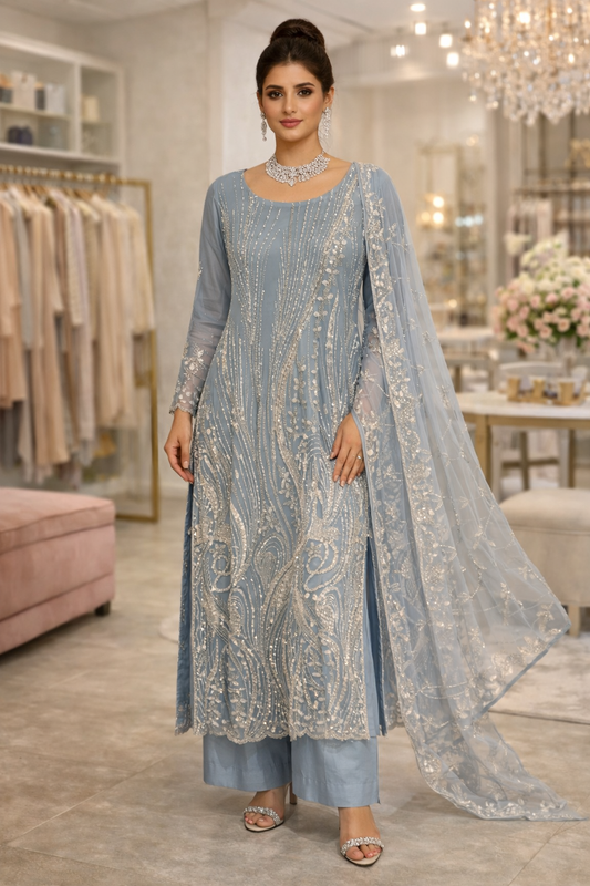 3 Piece Net Silk | LM Ameela - Enchanted Blue