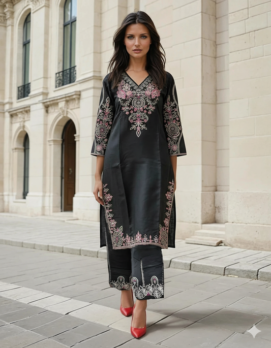 Three piece suit, embroidered in multiple color thread, simple matching dupatta