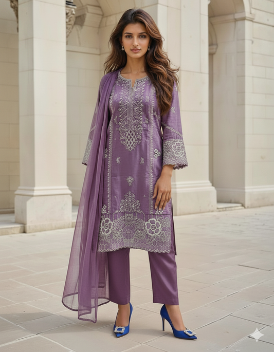 Three Piece Suit, Embroidered Shirt, Simple Matching Shalwar and Simple Matching Dupatta