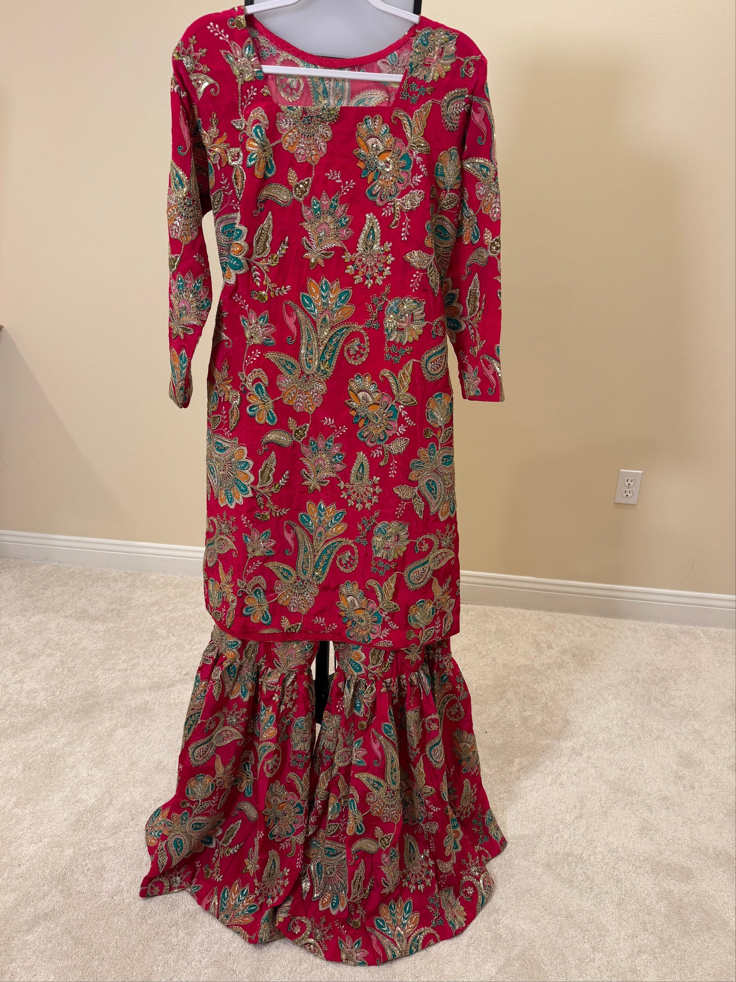 3 Piece Embroidered Satin Silk | LM Malika Red