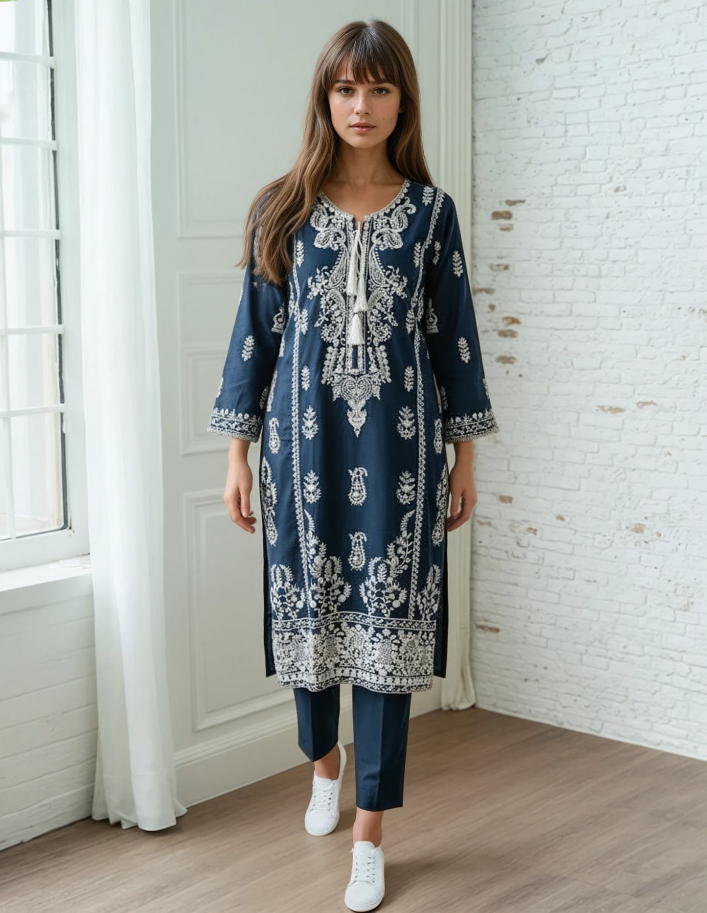 Three piece suit, embroidered, simple matching dupatta