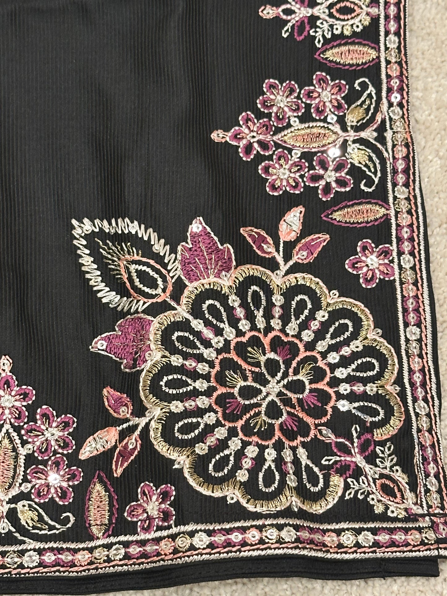 Three piece suit, embroidered in multiple color thread, simple matching dupatta