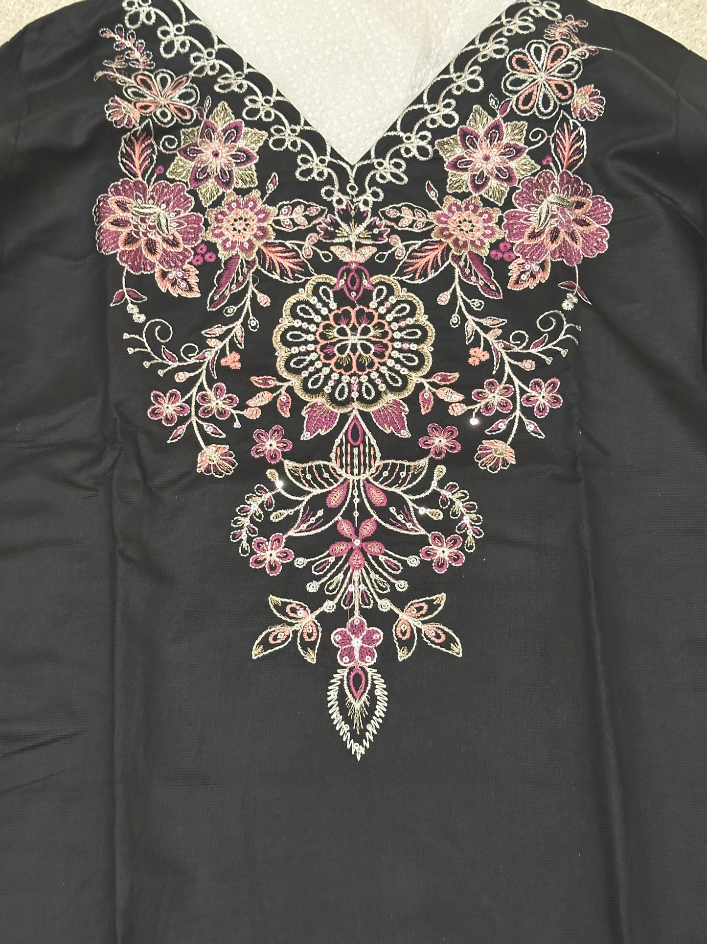 Three piece suit, embroidered in multiple color thread, simple matching dupatta