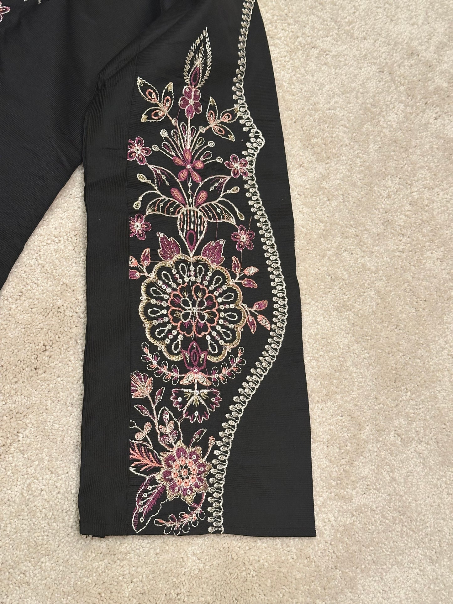 Three piece suit, embroidered in multiple color thread, simple matching dupatta