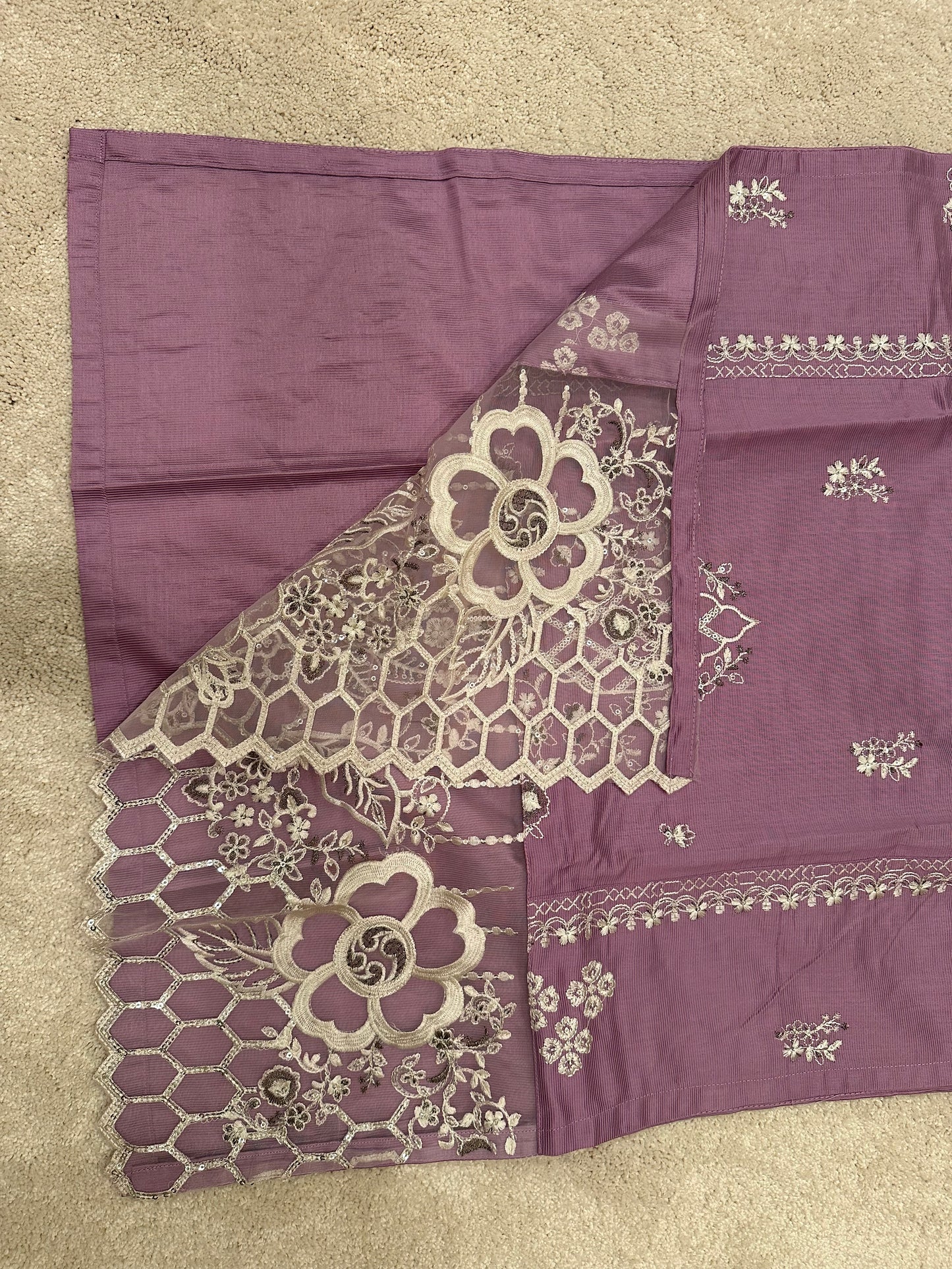 Three Piece Suit, Embroidered Shirt, Simple Matching Shalwar and Simple Matching Dupatta