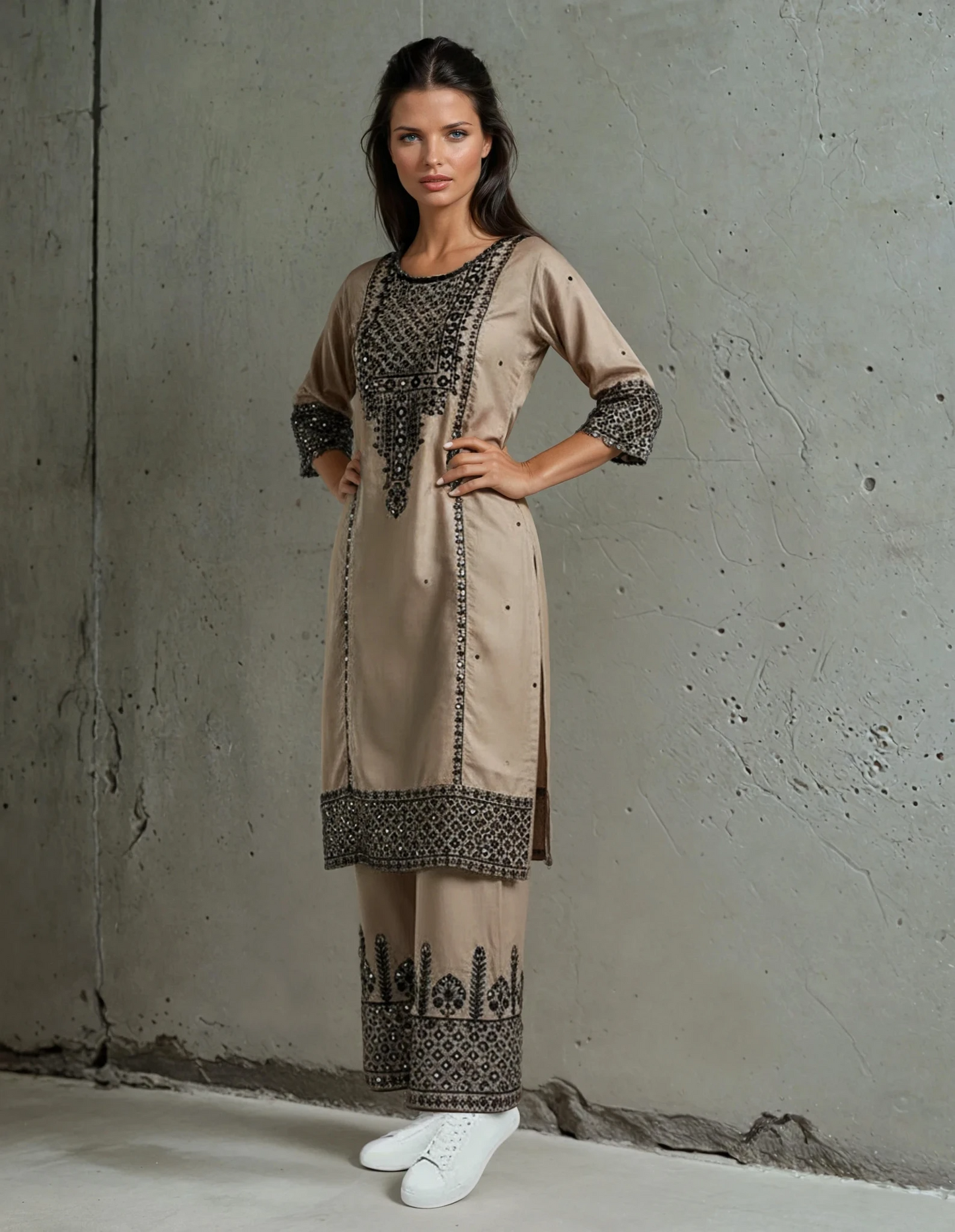 Three Piece Suit, Embroidered With Glass Like Shimmers,