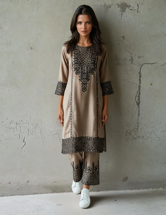 Three Piece Suit, Embroidered With Glass Like Shimmers,