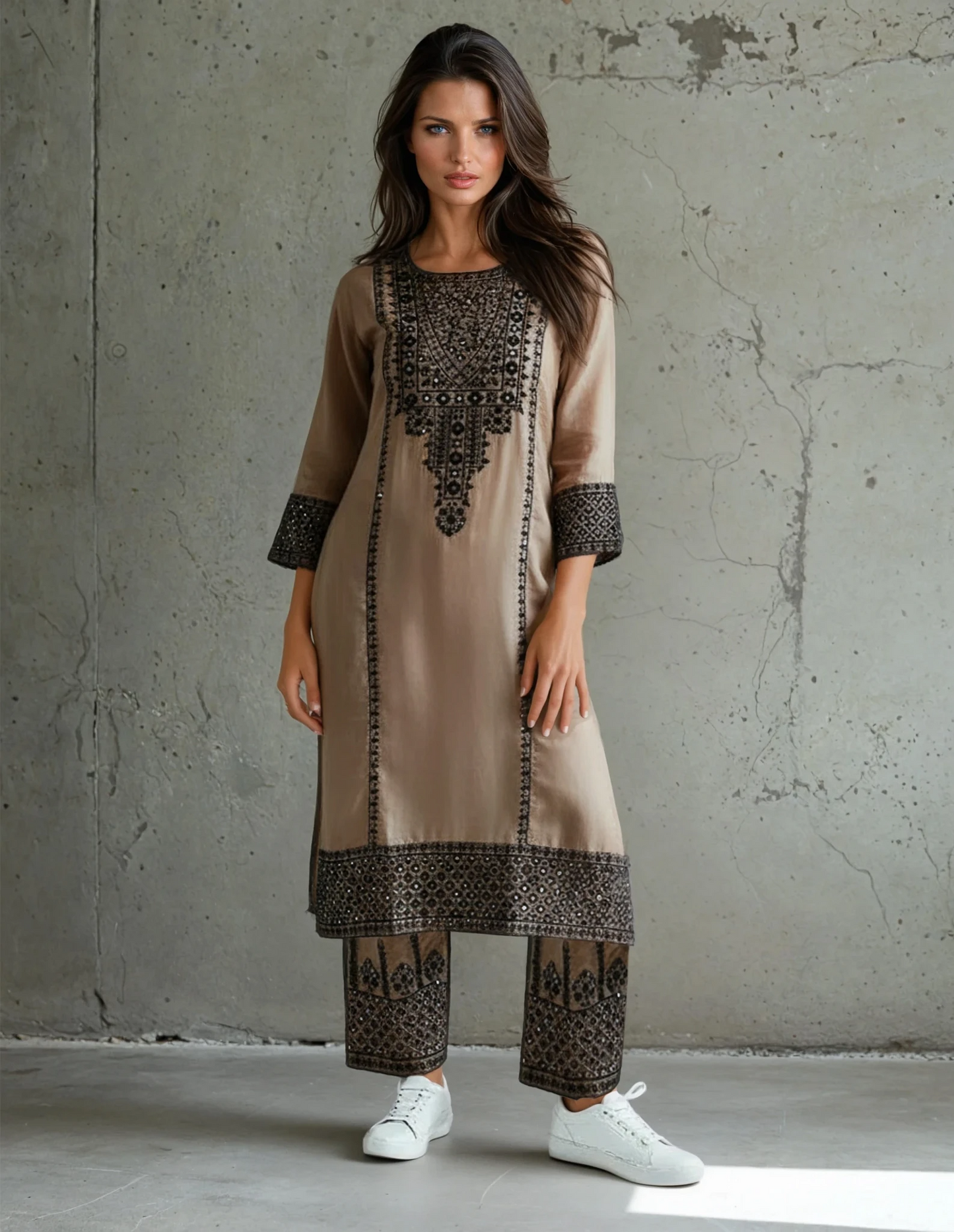 Three Piece Suit, Embroidered With Glass Like Shimmers,